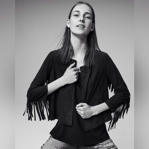 Mango Fringed Suede Jacket Black Size S